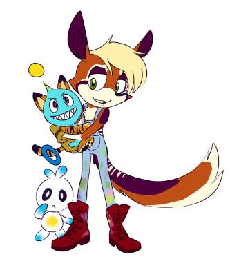 Mel the Numbat, holding a neutral chao and a hero chao stands at their feet