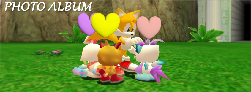 Screenshot of Tails petting three chao with text that reads 'Photo Album'